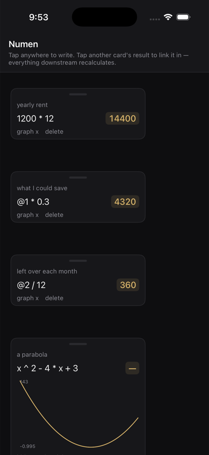 Numen on iPhone: the same linked cards stacked down the screen.