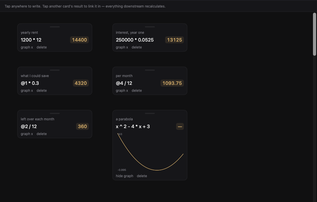 Numen on macOS: six linked calculation cards on a canvas, one of them graphing a parabola.